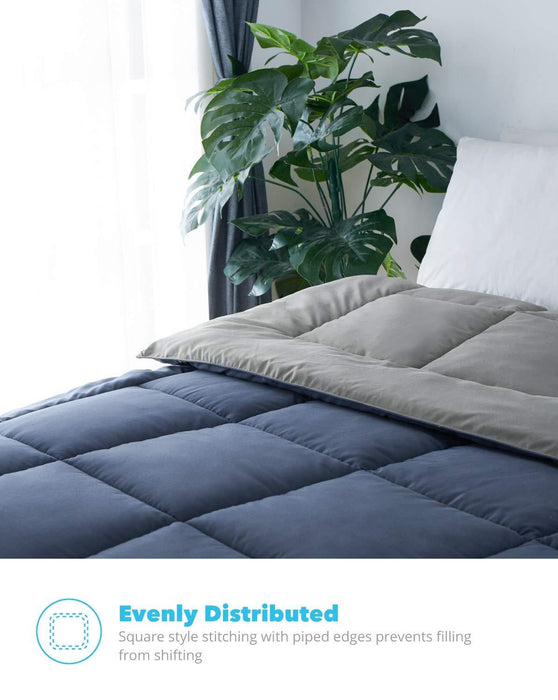 All-Season Navy Blue/Charcoal Grey Quilted Comforter - Goose Down - Reversible Duvet Insert Set -Plush Microfiber Fill (350 GSM) 88 x 88